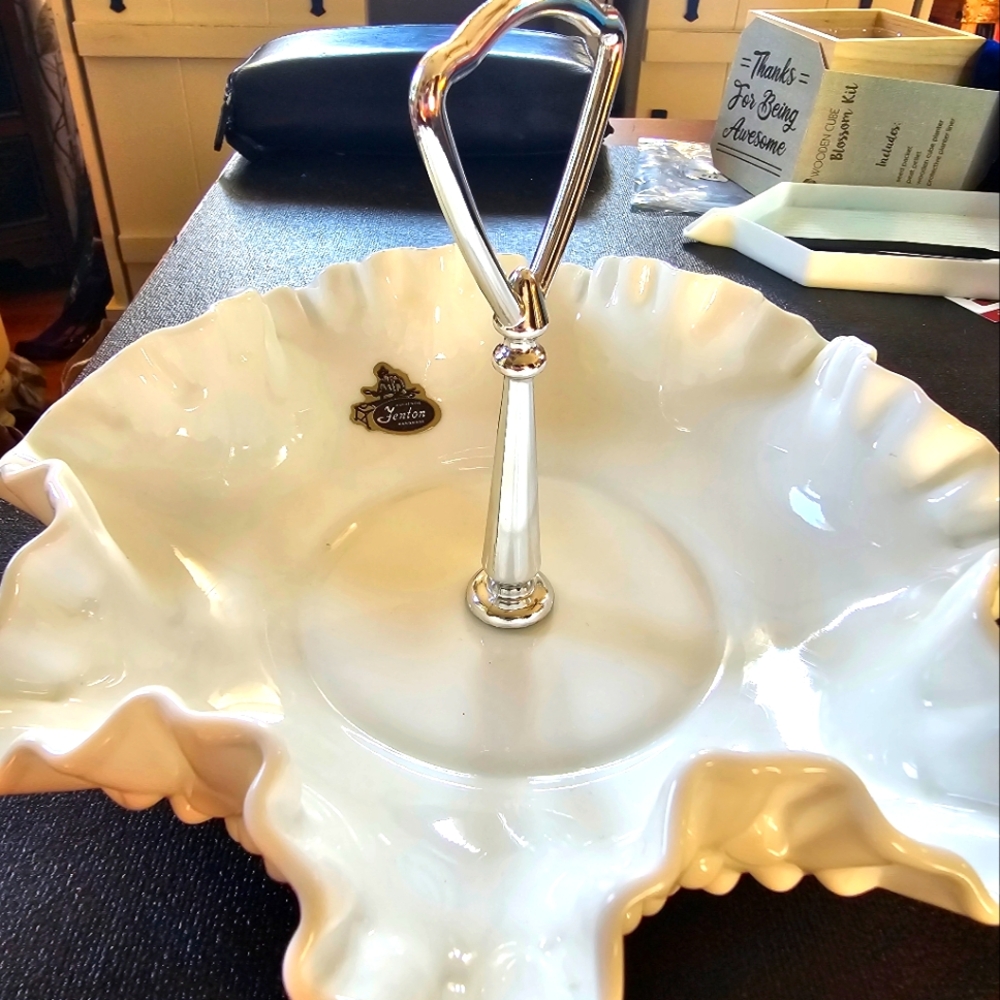 Fenton Vintage White Hobnail Ruffled Edge Milk Glass Candy Dish w/Silver Handle